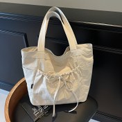 Resim Kadın Günlük Büzgülü Fiyonklu Tote Çanta - Alışveriş için Geniş Kapasiteli Naylon, Fermuarlı Kapanış, Polyester Astar, Elde Yıkama veya Kuru Temizleme 