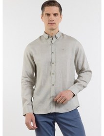 Resim İmza Vizon Keten Düğmeli Yaka Uzun Kol Cepsiz Slim Fit Keten Gömlek 1004260161 2XL 