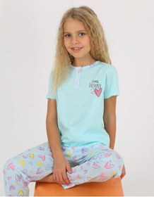 Resim Kız Çocuk Kısa Kollu %100 Pamuklu Düğme Detaylı Dreamer Pijama Takımı Yeşil 