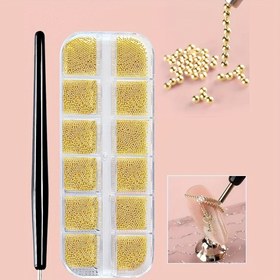 Resim 12 Gözlü Paslanmaz Çelik Metal Boncuklu 3D Mini 1mm Havyar Topu Tırnak Sanatı Süslemesi 