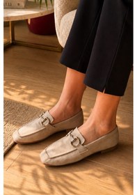 Resim Kadın Loafer Makosen Metal Tokalı Nubuk Günlük Ayakkabı Bej 