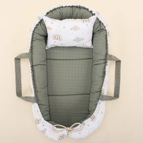 Resim Babynest ve Yastık - Çift Taraflı - Haki Muslin - Yeşil Gökkuşağı 