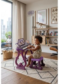 Resim Ayaklı Tabureli 49 Tuşlu Mikrofonlu Org Piyano Seti Mor 