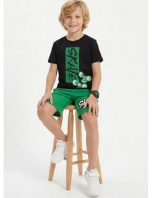 Resim Panios Kids Yuvarlak Yaka Skate Baskı Detaylı Yazlık Erkek Çocuk Alt Üst Takım Yeşil 