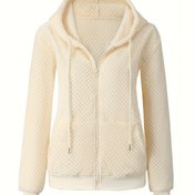 Resim Kadınların Rahat Polar Kapüşonlu Ceketi - Bej Fermuarlı Uzun Kollu Mont, Bağcıklı Kapüşonlu, Sıcak Klasik Kış Dış Giyim, Sonbahar ve Kış İçin | Zarif Kapüşonlu Tasarım | Peluş Polar Astar 