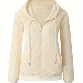 Resim Kadınların Rahat Polar Kapüşonlu Ceketi - Bej Fermuarlı Uzun Kollu Mont, Bağcıklı Kapüşonlu, Sıcak Klasik Kış Dış Giyim, Sonbahar ve Kış İçin | Zarif Kapüşonlu Tasarım | Peluş Polar Astar 