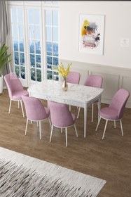 Resim Canisa Concept Zen Serisi 80x132 Mdf Açılabilir Beyaz Mermer Desen Masa Takımı Ve 6 Pembe Sandalye 
