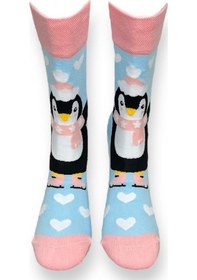 Resim Me-vo Tekli Açık Mavi Renkli Erkek - Kadın Unisex Esnek Nem Alabilen Pamuklu Penguen Desenli Soket Çorap Açık Mavi 