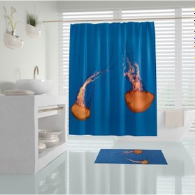Resim Mavi Duş Perdesi-Jelly Fish Desenli Banyo Perdesi, Dijital Baskılı Perde Koyu Mavi 