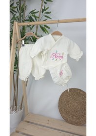 Resim Gros Shop Müslin Yeni Doğan 4katlı Organik %100pamuk Kişiye Özgü Nakışlı Hastane Çıkış Seti Nota Model Ekru-3 