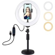Resim Sones Puluz 7.9 İnç 20cm Light+ Yuvarlak Tabanlı Masaüstü Tutucu Usb 3 Modlu Kısılabilir Çift Renk Sıcaklığı Led Kavisli Işık Halkası Vlog Selfie Fotoğrafçılığı Video Işıkları Telefon Kelepçesi İle Siyah 