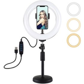 Resim Sones Puluz 7.9 İnç 20cm Light+ Yuvarlak Tabanlı Masaüstü Tutucu Usb 3 Modlu Kısılabilir Çift Renk Sıcaklığı Led Kavisli Işık Halkası Vlog Selfie Fotoğrafçılığı Video Işıkları Telefon Kelepçesi İle Siyah 