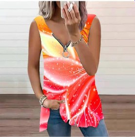Resim Kırmızı Kadın Üst Yaz Yeni Moda Büyük Yapraklar Baskılı Rahat Artı Boyutu Kolsuz Fermuar V Yaka Üst Tank Top Kadınlar İçin Yaz Kırmızı 