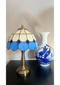 Resim Yüceeller El Yapımı Eskitme Vitray Retro Abajur Masa Lambası Mavi 