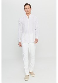 Resim Erkek Bej Ekru Pamuklu Keten Slim Fit Dar Kesim Düğmeli Yaka Çizgili Gömlek Bej Ekru 