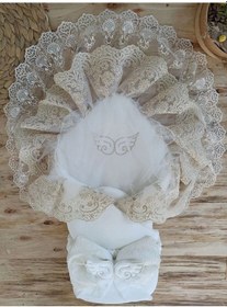 Resim Yenidoğan Sahra Taç Nakışlı Gold Angel Trilüks Kundak Bebek Battaniyesi Ekru Çok Renkli 