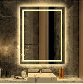 Resim Nuun Dekor 90x70cm Günışığı Ledli Kumlamalı Banyo Ofis Kuaför Lavabo Aynası - Trafolu Şeffaf 