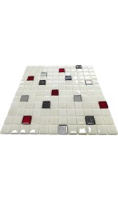 Resim MozaiKristaL Tüm Yüzeyler Için 25X25MM. Beyaz-Siyah Simli-Gümüş Simli-Kırmızı Simli, 31,5X31,5CM. Fileli Cam Mozaik ve Kristal Mozaik Mix. 