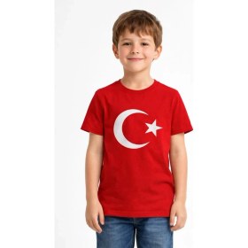 Resim Beruflic Erkek Çocuk Tişört Bisiklet Yaka Ay Yıldız Bayrak Baskılı T-Shirt - Kırmızı 