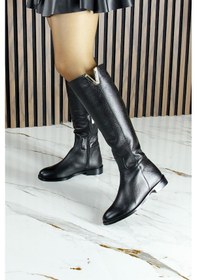 Resim Erkan Saçmacı Siyah Hakiki Dana Derisi Metal Aksesuarlı Fermuarlı Yuvarlak Burun Kalın Topuklu Çizme Siyah 