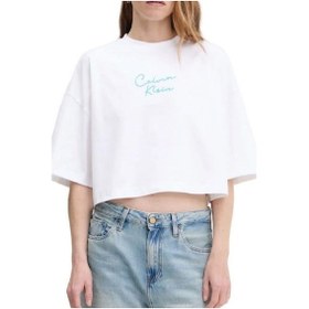 Resim Kadın Cropped Boxy Fit Zincir Dikiş Logolu T-shirt - Beyaz-8784 Brilliant White 