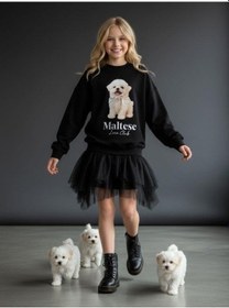 Resim Kız Çocuk Pamuklu Köpek Baskılı Oversize Tasarım Sweatshirt-16472 Siyah 