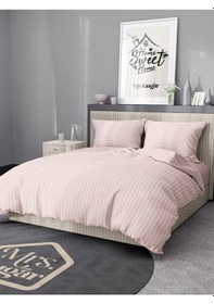 Resim Mrs.Gugar Çift Kişilik Saten Çizgili Pudra Nevresim Takımı Pudra 