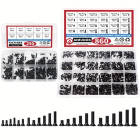 Resim 250/860 adet Küçük Bilgisayar Vidası Çeşit Seti, Siyah Minik Gözlük Vidası M1.2 M1.4 M1.7 M2 M2.5 M3, PC ve Laptop SSD Sabit Disk CPU Soğutucu Vidası, M.2 Elektronik Vida Seti 