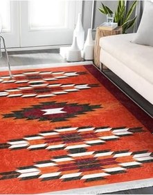 Resim RealHomes Kırmızı Zeminde Geleneksel Motifli Kilim Desenli Geometrik Vintage Oturma Odası Kaymaz Saçaklı Halı HaliDik-Deluxe-12071, 80 x 400 