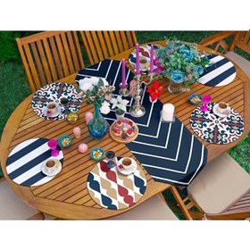 Resim Ikat Lacivert Püsküllü Runner Ve Yuvarlak Servis Altlığı & Supla 