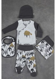 Resim Veropukahome Ecocotton Pingu Erkek Bebek Zıbın Seti 5'Li Antrasit 0-3 Ay Füme 