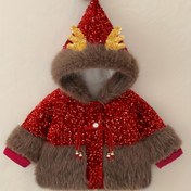 Resim Kız Çocuk Kapüşonlu ve Fermuarlı Kaban - Kalınlaştırılmış Ceket, Kırmızı & Kahverengi Hayvan Desenli (Geyik Kulakları & Boynuzlar) - Bol Kesim Kışlık Dış Giyim, Soğuk Hava İçin - Kolay Fermuar Kapatma, Kız Çocuk Kışlık Giyim, Kız Çocuk ve Erkek Çocuk Kışlık Giyim 