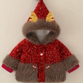 Resim Kız Çocuk Kapüşonlu ve Fermuarlı Kaban - Kalınlaştırılmış Ceket, Kırmızı & Kahverengi Hayvan Desenli (Geyik Kulakları & Boynuzlar) - Bol Kesim Kışlık Dış Giyim, Soğuk Hava İçin - Kolay Fermuar Kapatma, Kız Çocuk Kışlık Giyim, Kız Çocuk ve Erkek Çocuk Kışlık Giyim 