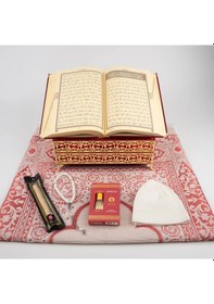 Resim Kuran + Seccade + Tesbih + Takke + Esans + Misvak Hediye Seti Orta Boy, Raşel Cilt, Bordo 
