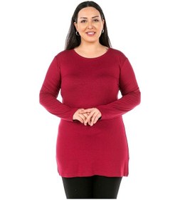 Resim Büyük Beden Yuvarlak Yaka Uzun Kollu Viskon Uzun Bordo Body 