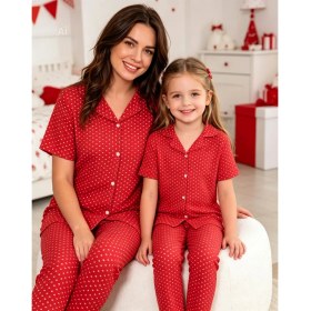 Resim NiCe İç Giyim Anne & Kız Kombin Pijama Takım Milan Kumaş Mevsimlik Kırmızı Renk Kalp Desen Gömlek Yaka (Ayrı Satılır) 