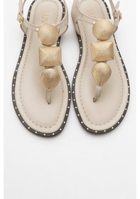 Resim Luvishoes Luvi Shoes Helen Bej Hakiki Deri Parmak Arası Gold Tokalı Kadın Sandalet Bej 
