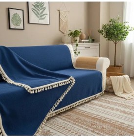 Resim Premium Keten Lacivert Ponponlu Koltuk Örtüsü 170 X 220 