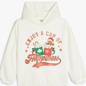 Resim Koton Yılbaşı Temalı Simli Baskılı Uzun Kollu Kapşonlu Sweat Ekru 5wkg10548ak Ekru 