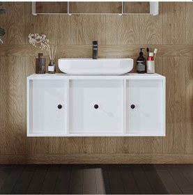 Resim Ayaksız Oval Lavabolu Mdf 105 Cm Çekmeceli Banyo Dolabı Beyaz Mat Beyaz 