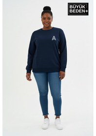Resim Süperlife Kadın Büyük Beden A Baskılı Bisiklet Yaka İnce Sweatshirt Spr26bswk956-12 Lacivert 