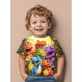 Resim Erkek Çocuklar için Yaz Dinozor Grafik T-Shirt - Canlı 3D Karikatür Dinozor Baskısı, Kısa Kollu Yuvarlak Yaka Rahat Üst, Hafif ve Nefes Alabilir, Dış Mekan Oyunları için Dinozor Giysileri 