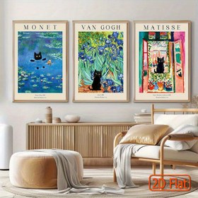 Resim 3 Adet Çerçevesiz Ünlü Sanatçı Tuval Sanat Baskı Seti, Monet, Van Gogh, Matisse Kedi İllüstrasyonlarıyla, Klasik Ustalıklerle Modern Bir Dönüşüm, Sanat Severleri İçin Mükemmel, Oturma Odası veya Galeri Duvar Dekoru 