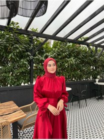 Resim KADNER Lia Bordo Önü Büzgülü Şanel Saten Kumaş Lüks Tesettür Abiye Elbise 