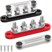 Resim 150A Bus Barları Çifti, 4 M8 Vida, Siyah Taban + Kırmızı Taban Toz Kapakları ile, 4 Kendinden Tapa Vida Dahil 