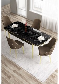 Resim Canisa Tia Serisi 80x132 Açılabilir Mdf Siyah Mermer Desen Gold Detay Masa Takımı Ve 4 Kahverengi Sandalye Masa Siyah Mermer Desen Sandalye Kahve 