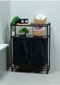 Resim Dekoratif Kirli Sepetli Banyo Dolabı 2 Raflı 2 Bölmeli Çamaşır Sepeti Banyo Düzenleyici Organizer Siyah 