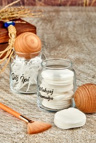 Resim FBZhome 2'li Ahşap Top Kapaklı Diş Ipi & Makyaj Pamuğu Organizeri 300 Ml Cam Pamukluk Kavanoz 