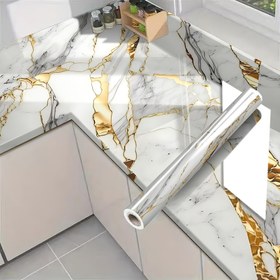Resim 60cm Genişlikte x 10m Uzunlukta Lüks Altın Su Geçirmez Kendinden Yapışkan Duvar Kağıdı - Mermer Desenli, Yağ ve Isıya Dayanıklı, Temizlemesi ve Kurulumu Kolay, Mutfak Dolapları, Tezgahlar ve Mobilya Yenilemesi için Mükemmel, Tezgah Kaplaması | Zarif Duvar Kağıdı | Kolay Kurulum Duvar Kağıdı, Su Geçirmez Duvar Kağıdı 