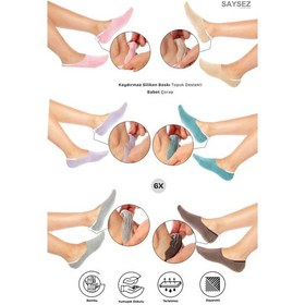 Resim Saysez Bambu Kadın Babet Çok Renkli Çorap Dikişsiz Görünmez Kaydırmaz Topuk Silikonlu Premium 6'lı Renkli 
